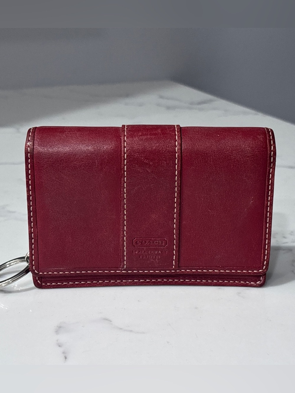 Vintage Coach Red Leather Trifold Wallet Key Ring Card Case Coin ID Purse